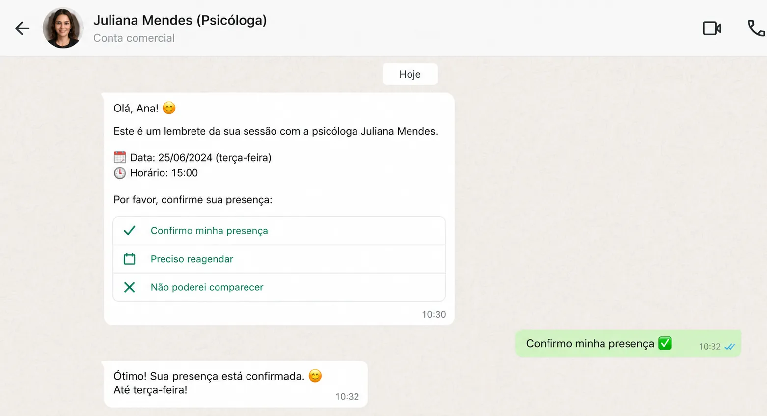 Lembrete de sessão enviado automaticamente pelo WhatsApp com confirmação em um clique.